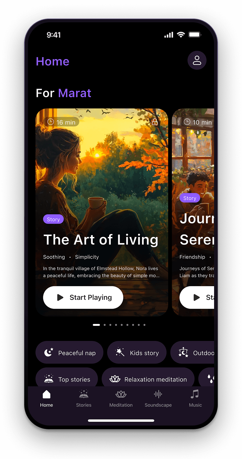 NightWhisper app interface showing sleep features and calming design